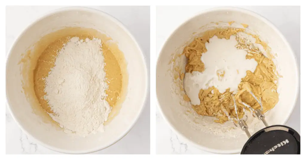 dry ingredients and buttermilk added to the cake batter