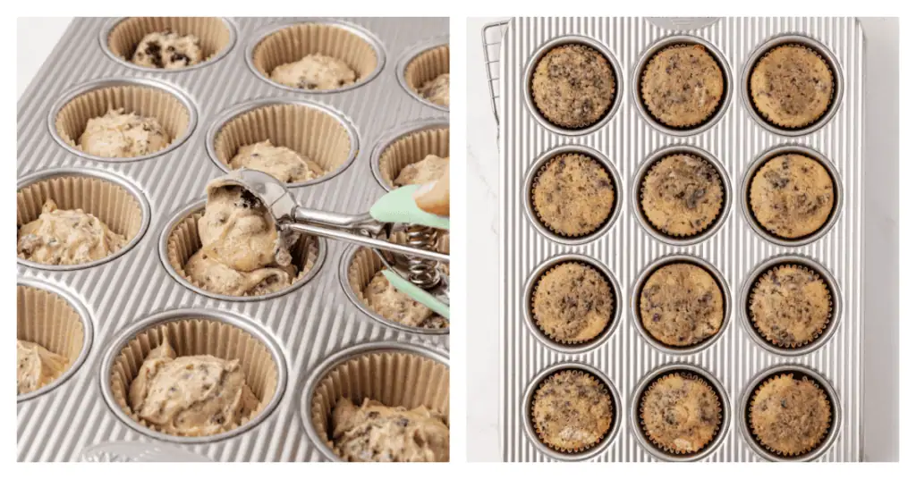 cupcake batter scooped into cupcake liners and baked
