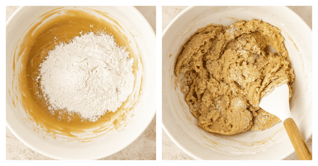 dry ingredients added to cookie dough in bowl