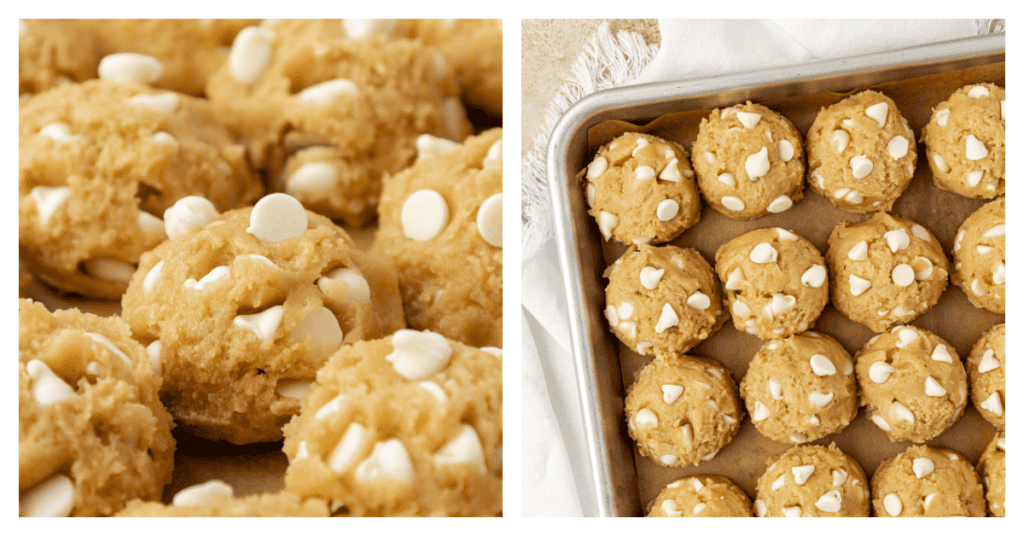 white chocolate chip cookie dough scooped onto a cookie sheet