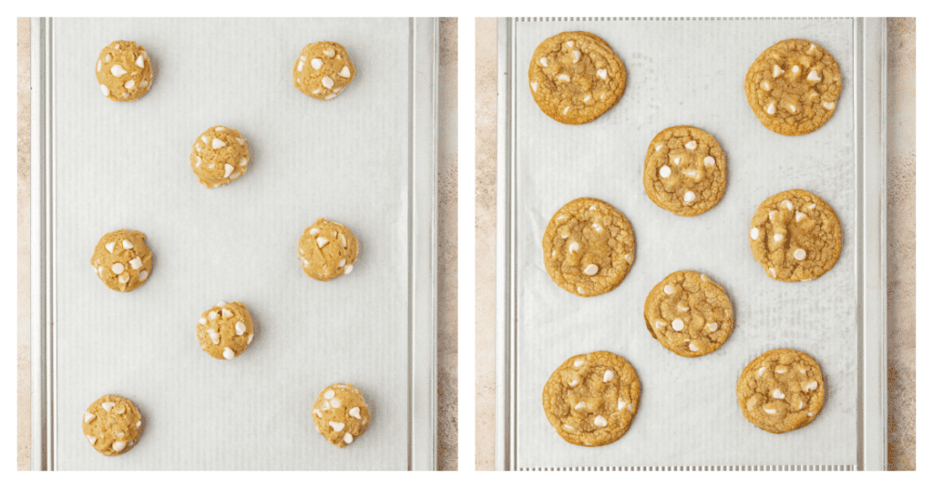 white chocolate chip cookies unbaked then baked on a cookie sheet