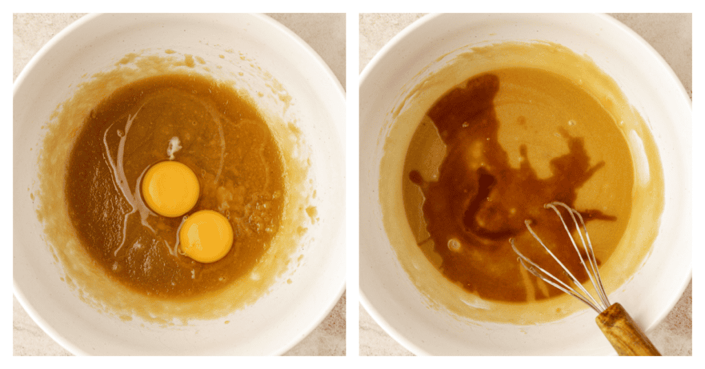 eggs and vanilla added to cookie dough mixture in a bowl