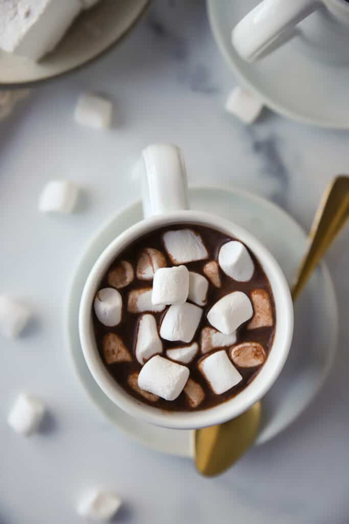 top down view of a cup of hot cocoa topped with mini marshmallows