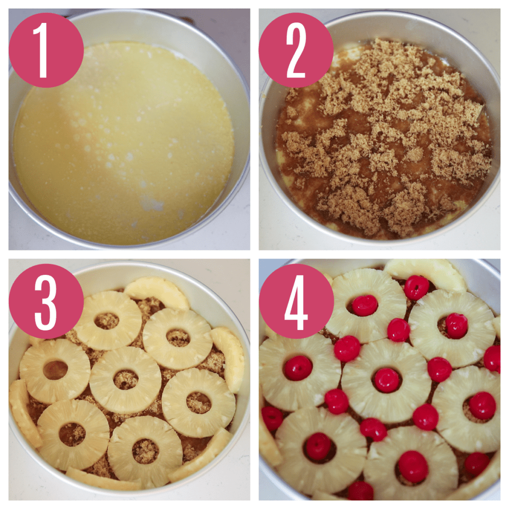 four collage photos of assembling pineapple upside down cake topping