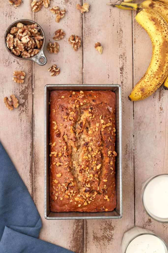 baked banana nut bread in loaf pan