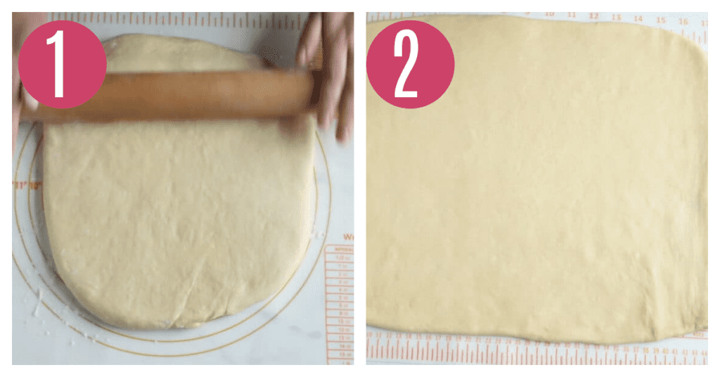 side by side photos of rolling out cinnamon roll dough
