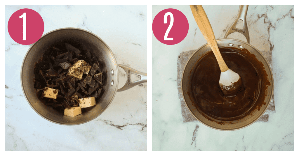 two side by side photos of butter and chocolate in saucepan, melted and unmelted