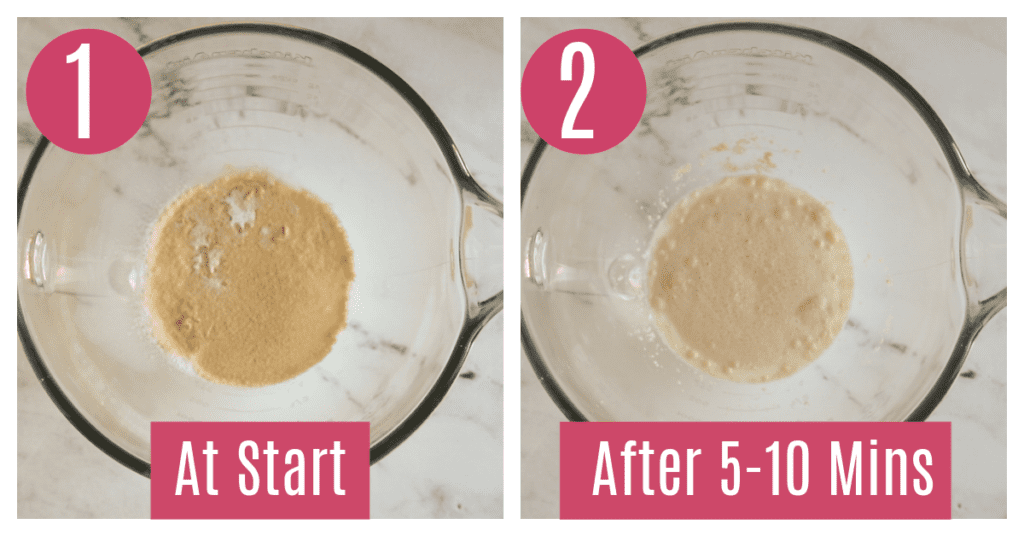 two photos of yeast proofing in a bowl 