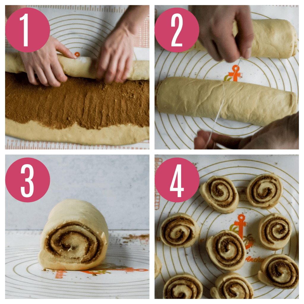 four step by step photos of rolling up and slice cinnamon roll dough