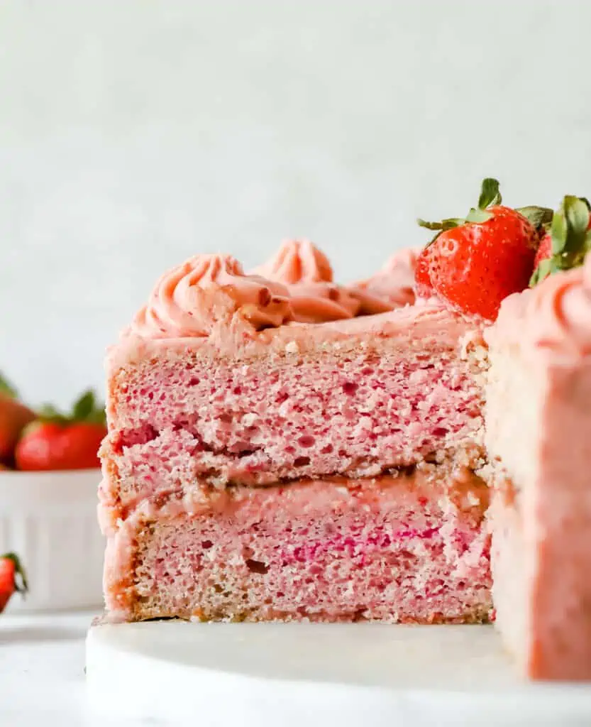 cutaway view of a strawberry layer cake