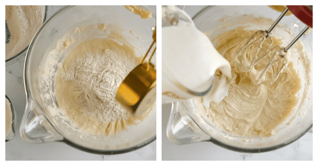 two photos showing flour and milk mixture being added to cake batter