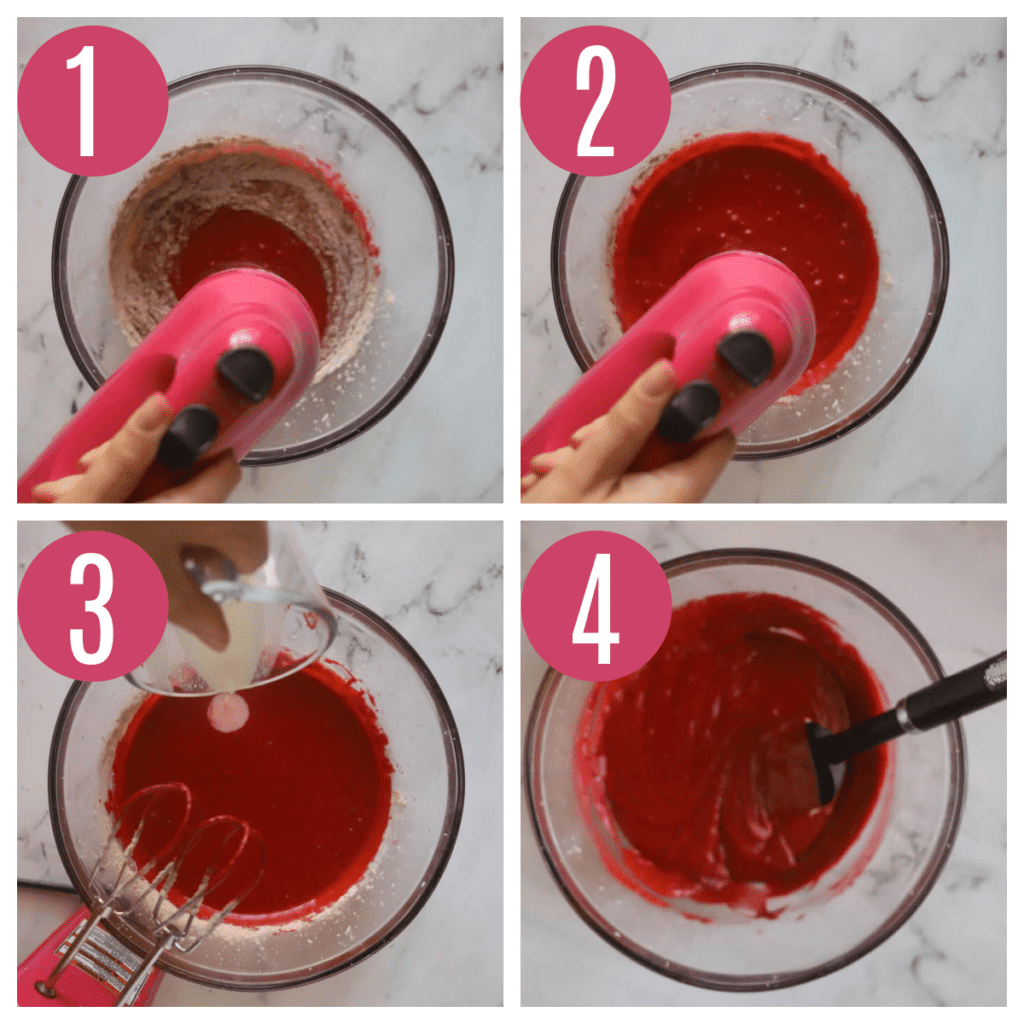 four step by step photos of alternating flour and buttermilk into red velvet cupcake batter