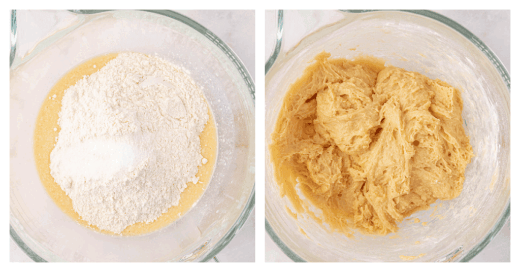 dry ingredients added to bowl and stirred into a shaggy dough
