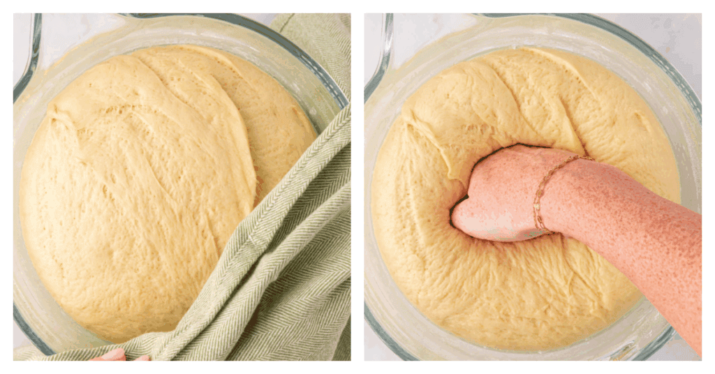 cinnamon roll dough is risen and punched down