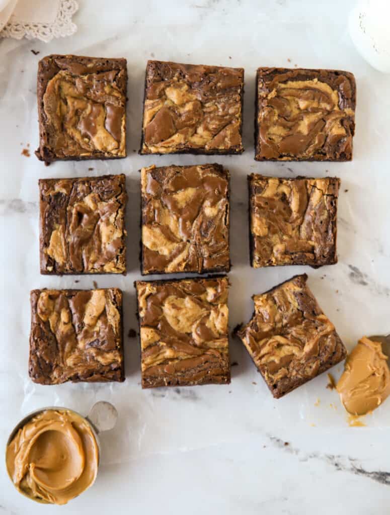 peanut butter brownies cut into squares