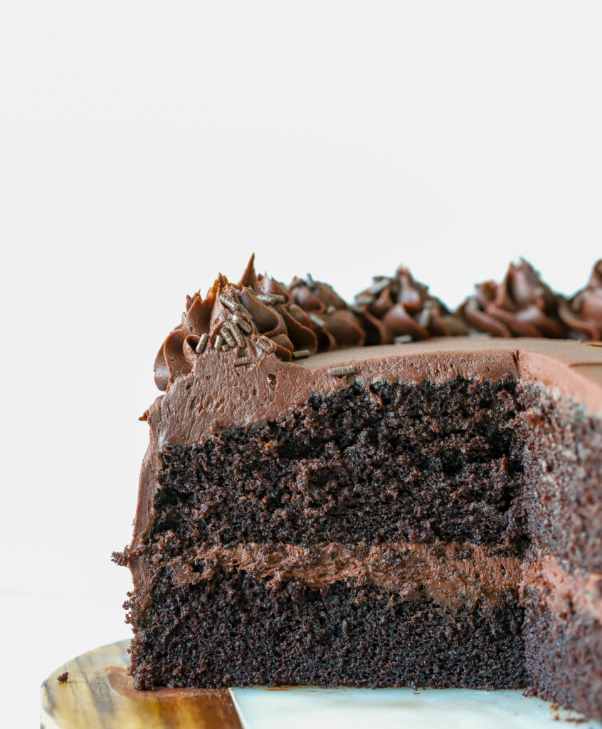 cut away view of a whole chocolate layer cake