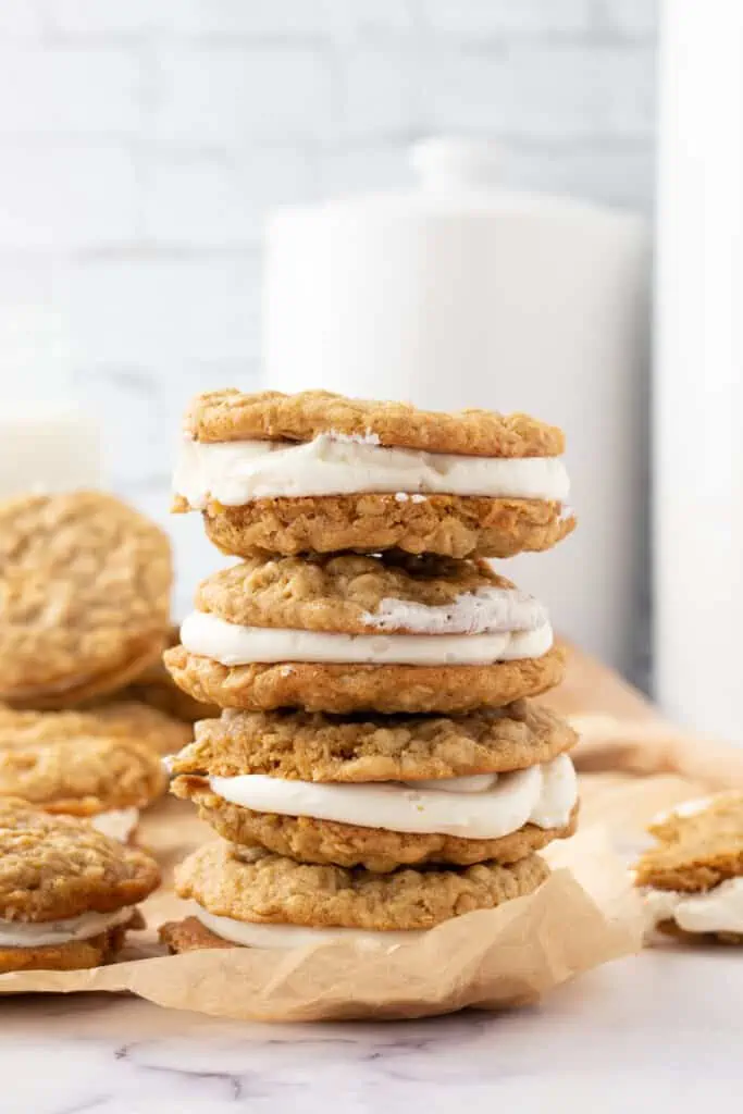 three oatmeal cream pies stacked 