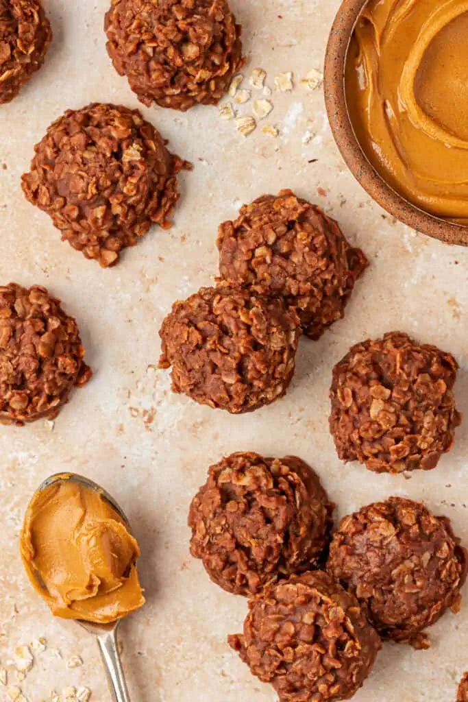 no bake cookies and a spoon with peanut butter on it