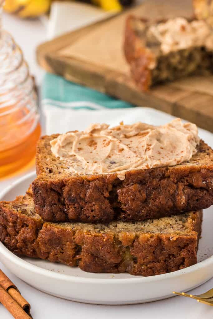 two slices of banana bread stacked on top of each other
