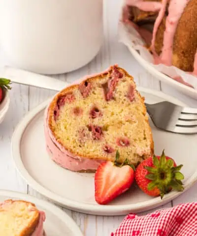 slice of strawberry pound cake on a plate