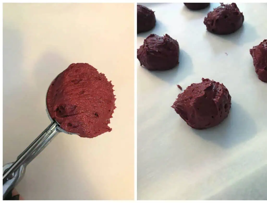 Red Velvet Whoopie Pies scooping red velvet whoopie pie batter