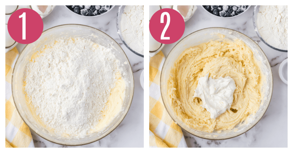 side by side photos of alternating flour and sour cream to blueberry pound cake batter