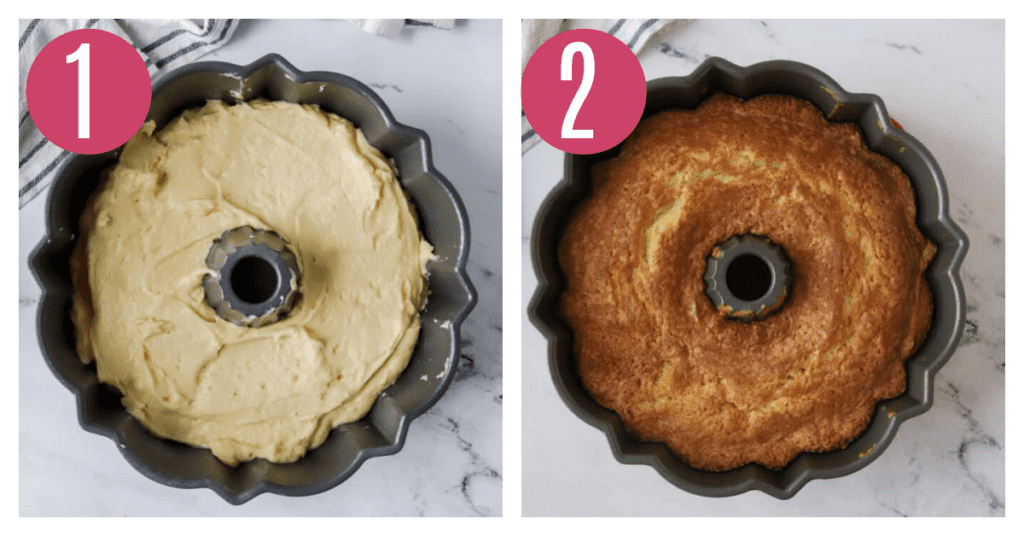 side by side photos of unbaked and baked old fashioned sour cream pound cake