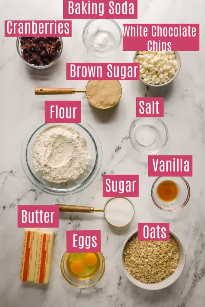 oatmeal white chocolate cranberry cookie ingredients with labels