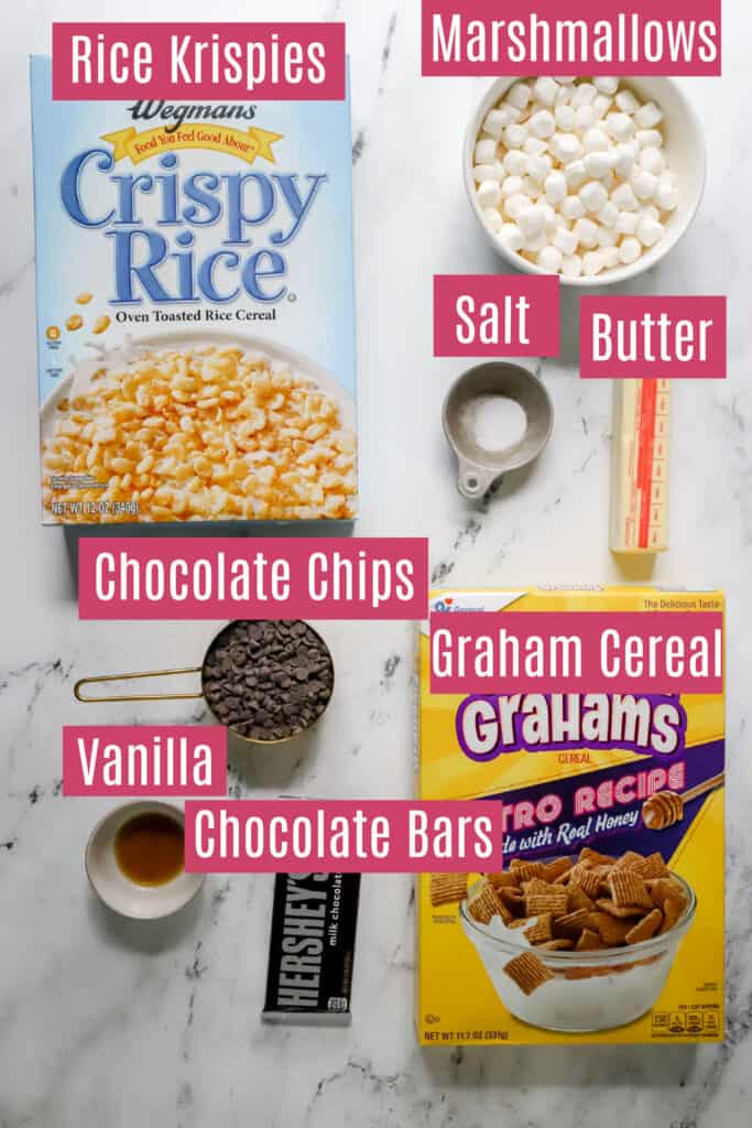 smores rice krispie treats ingredients with labels