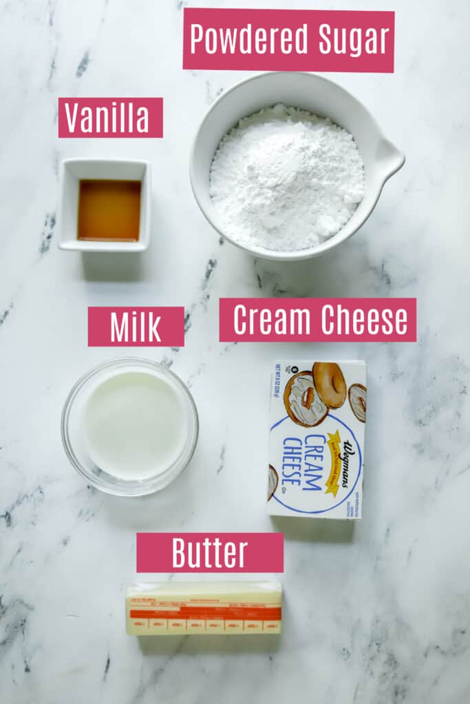cream cheese glaze ingredients for pumpkin bundt cake prepped in bowls