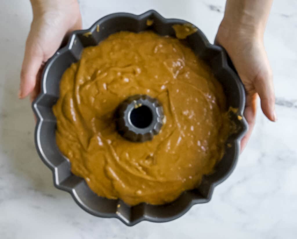 pumpkin batter in bundt pan unbaked