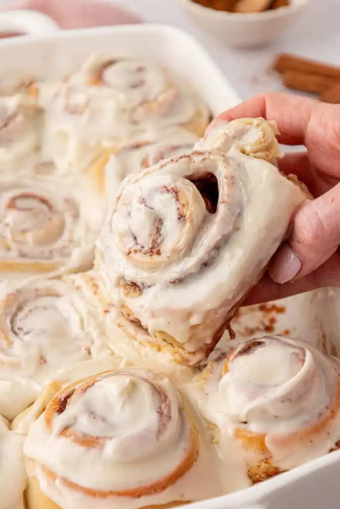a hand holding a cinnamon roll