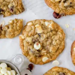 oatmeal white chocolate cranberry cookies on a cooling rack