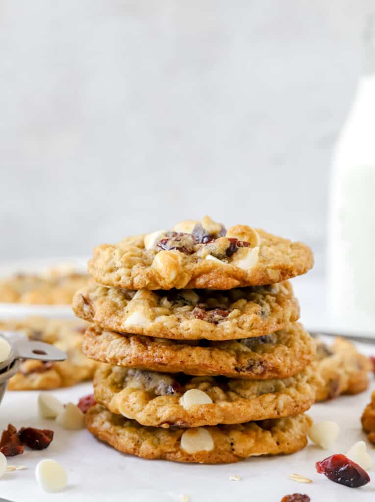 stack of oatmeal white chocolate cranberry cookies