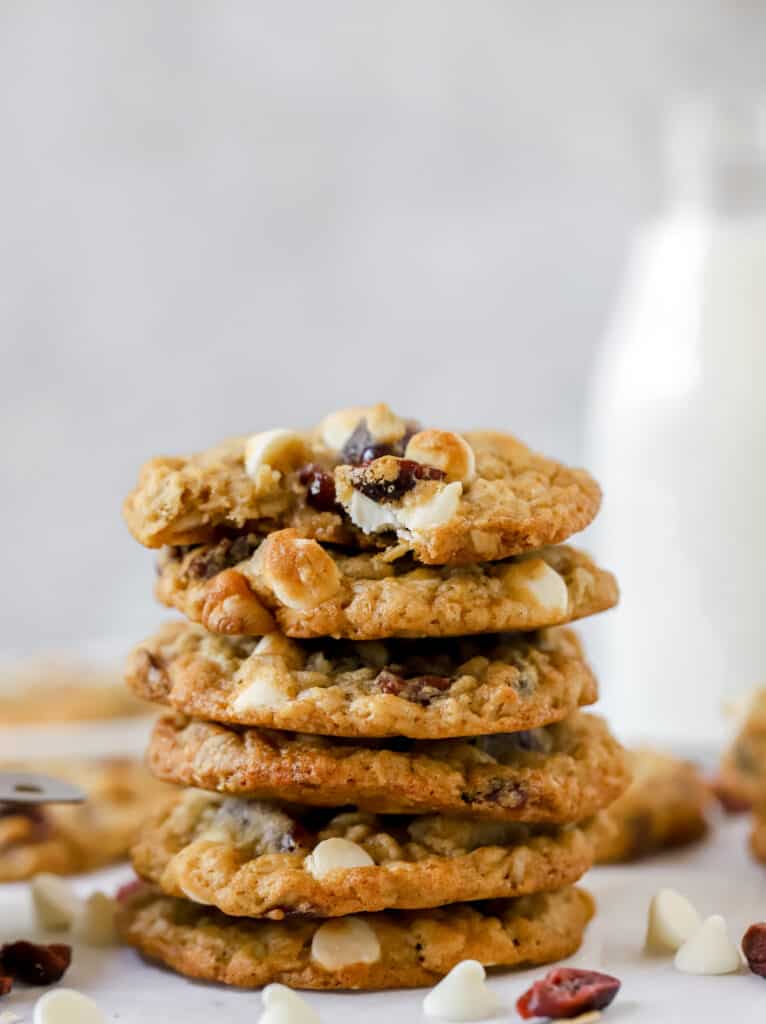 stack of white chocolate cranberry oatmeal cookies