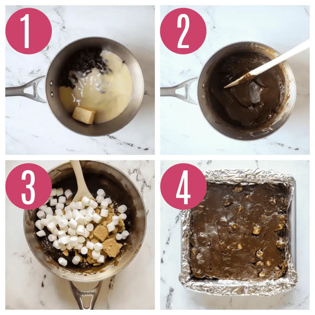 four photo collage of how to make smores fudge
