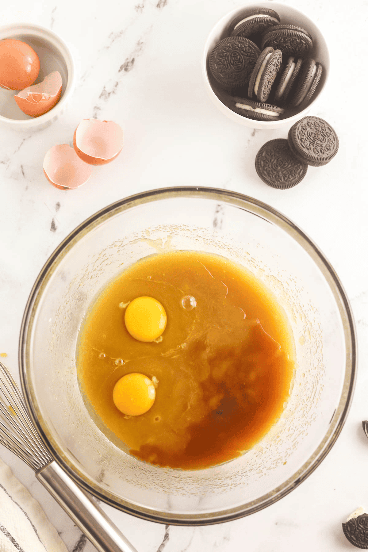 eggs and vanilla extract added to oreo blondie batter