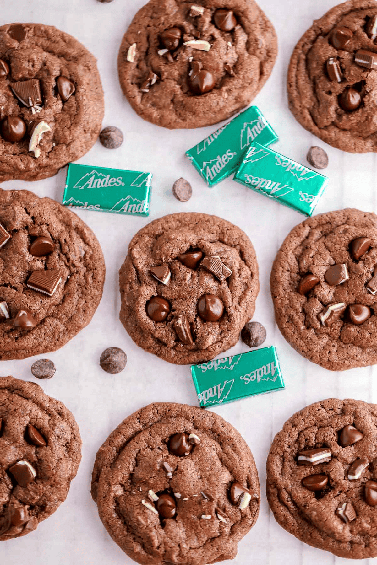 Andes mint cookies on parchment paper