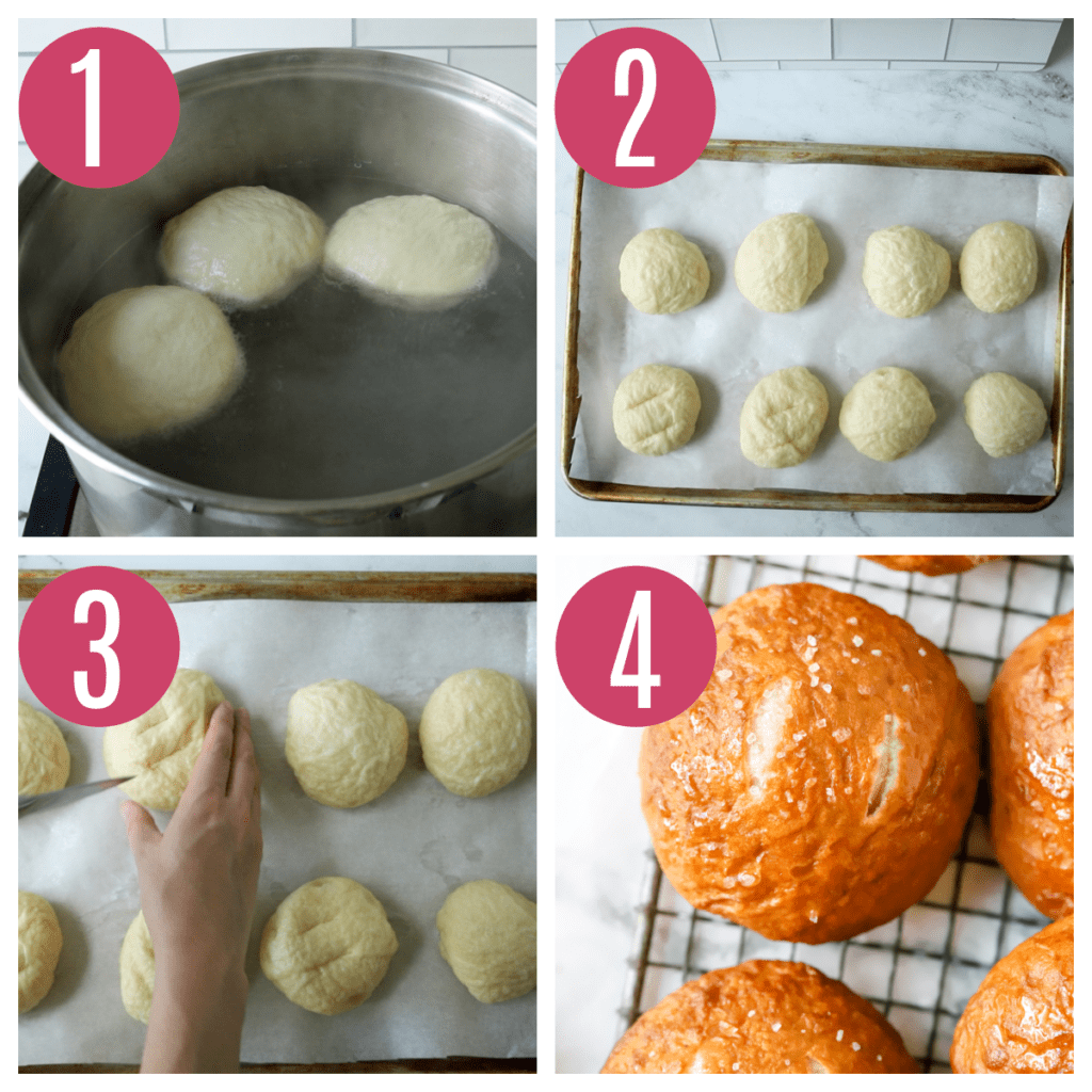 pretzel rolls step by step of boiling and baking