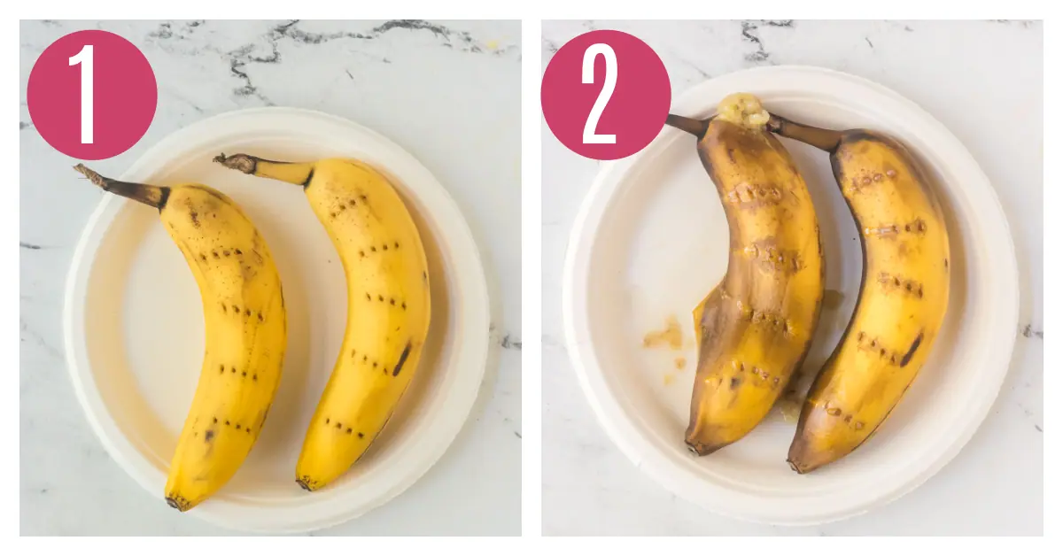 two bananas on a plate pierced with a fork, and cooked in the microwave