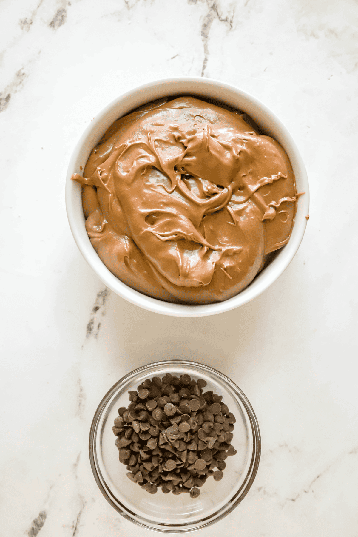 bowl of brownie batter dip, and a bowl of mini chocolate chips