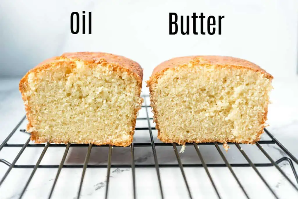 two quick breads cut in half, labeled oil and butter