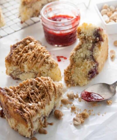 three slices of peanut butter jelly coffee cake