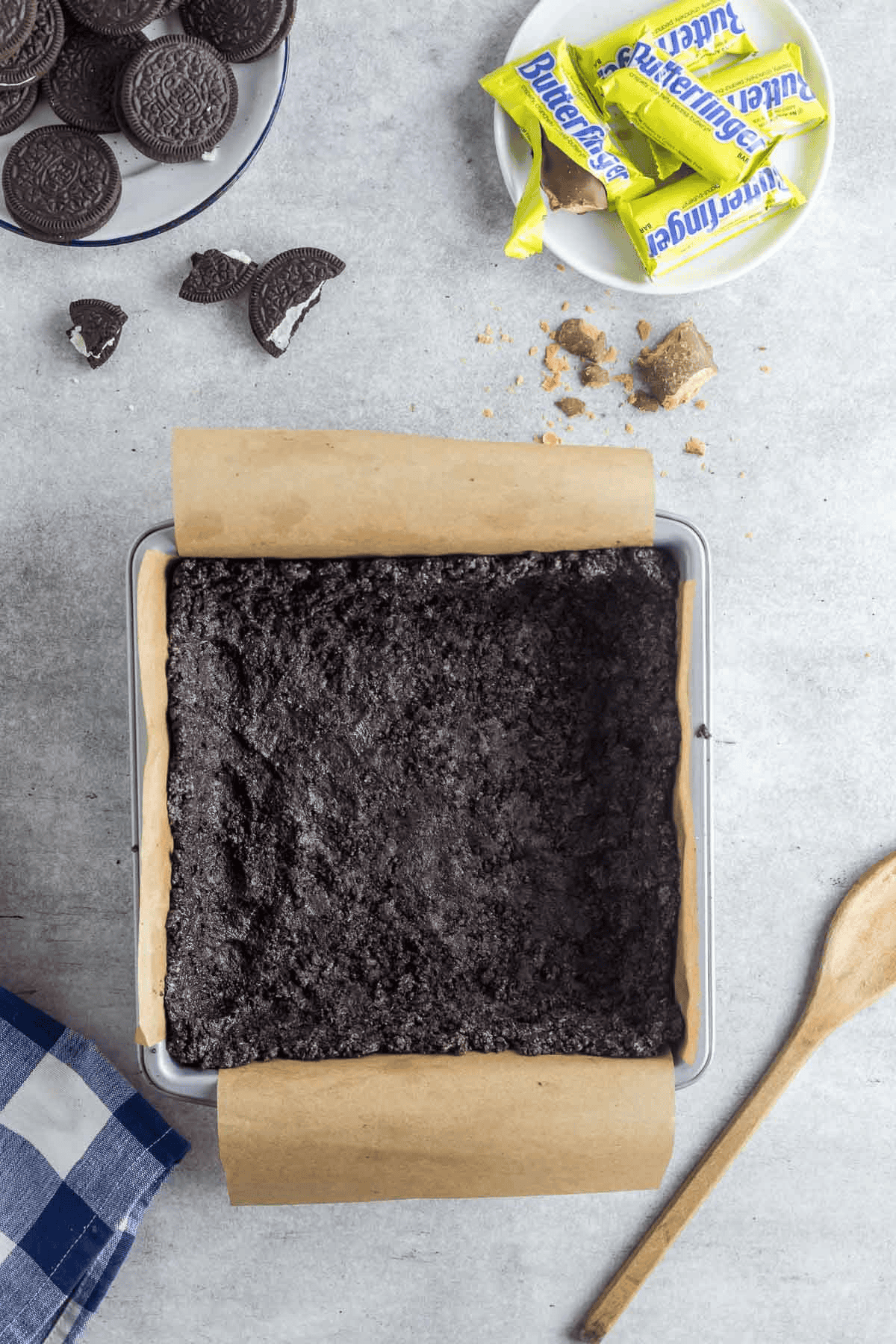 oreo cookie crust pressed into pan