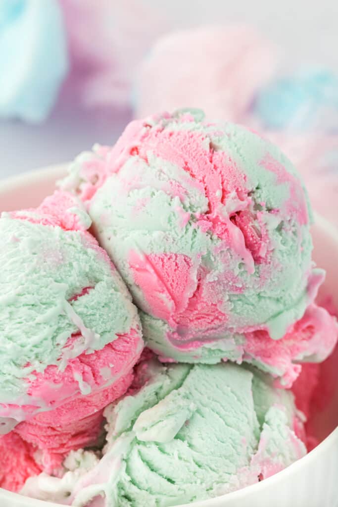 scoops of cotton candy ice cream in bowl