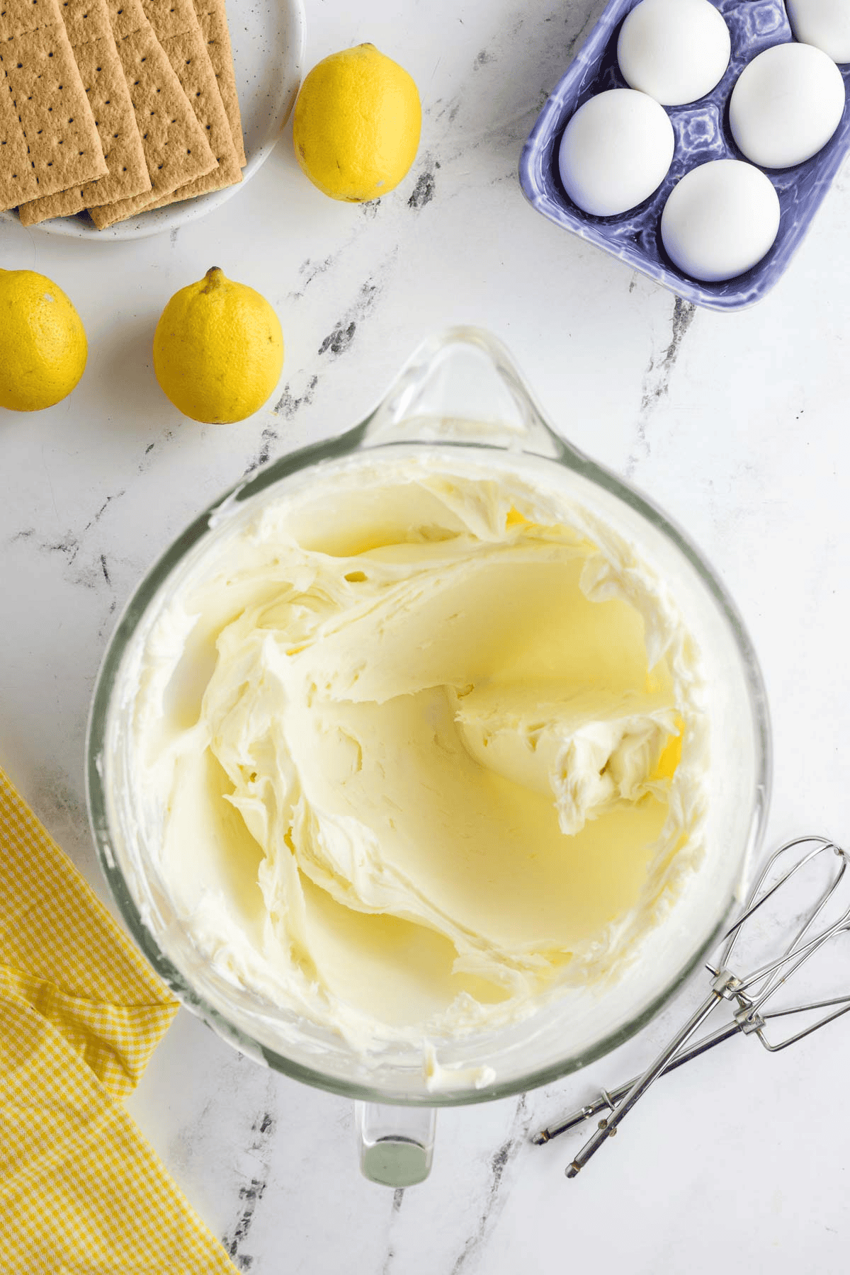 cream cheese and granulated sugar beaten together in stand mixer bowl