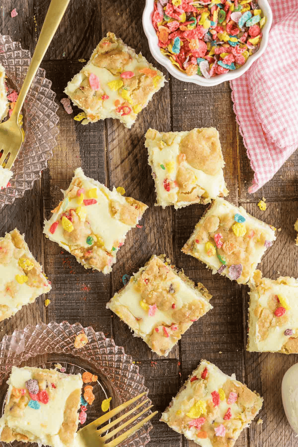 fruity pebble cheesecake bars cut