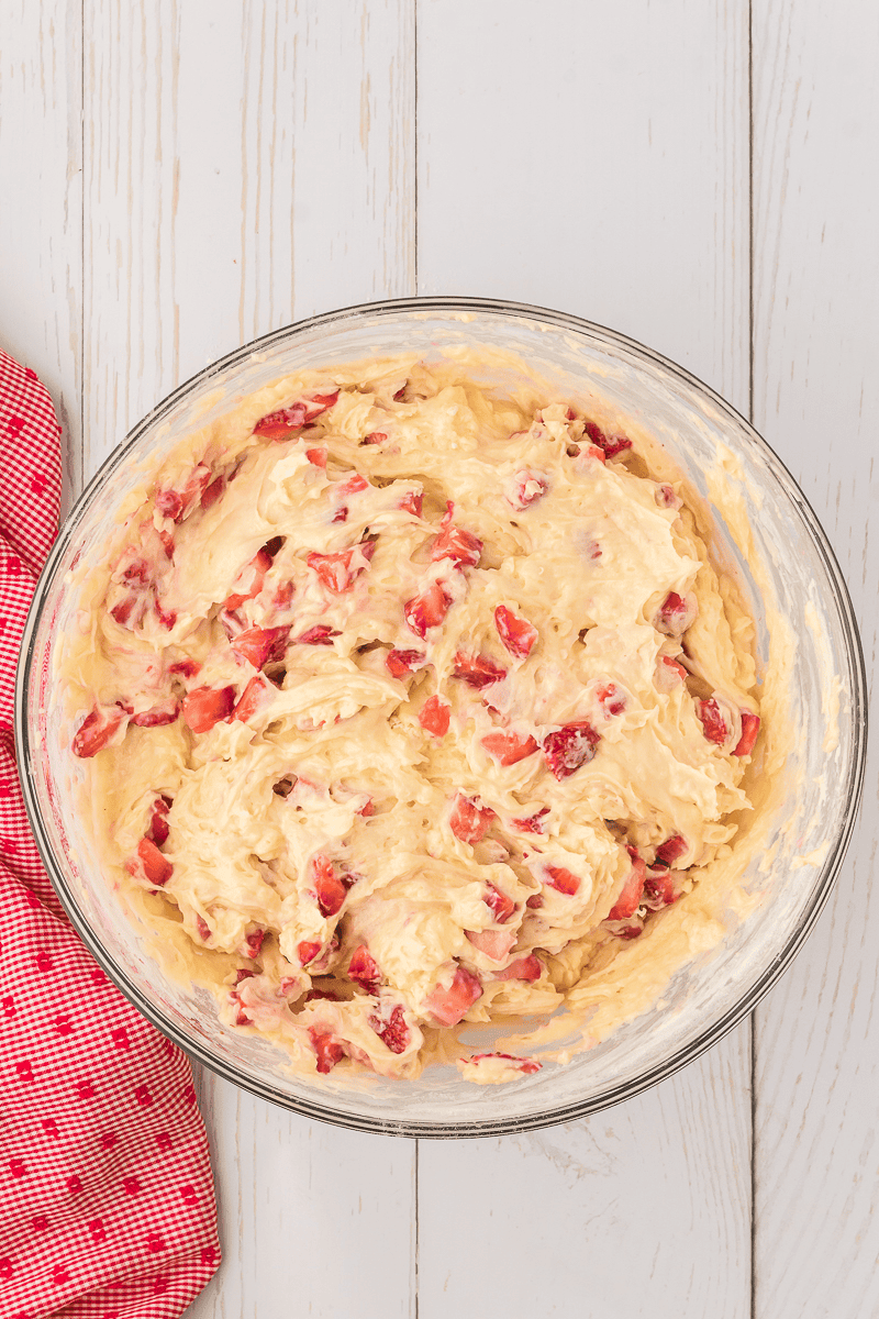 chopped strawberries added to strawberry pound cake batter