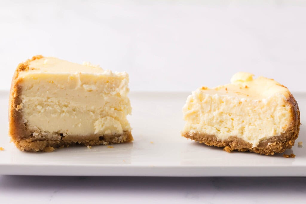 two slice of cheesecake (one baked with a water bath, and one without)