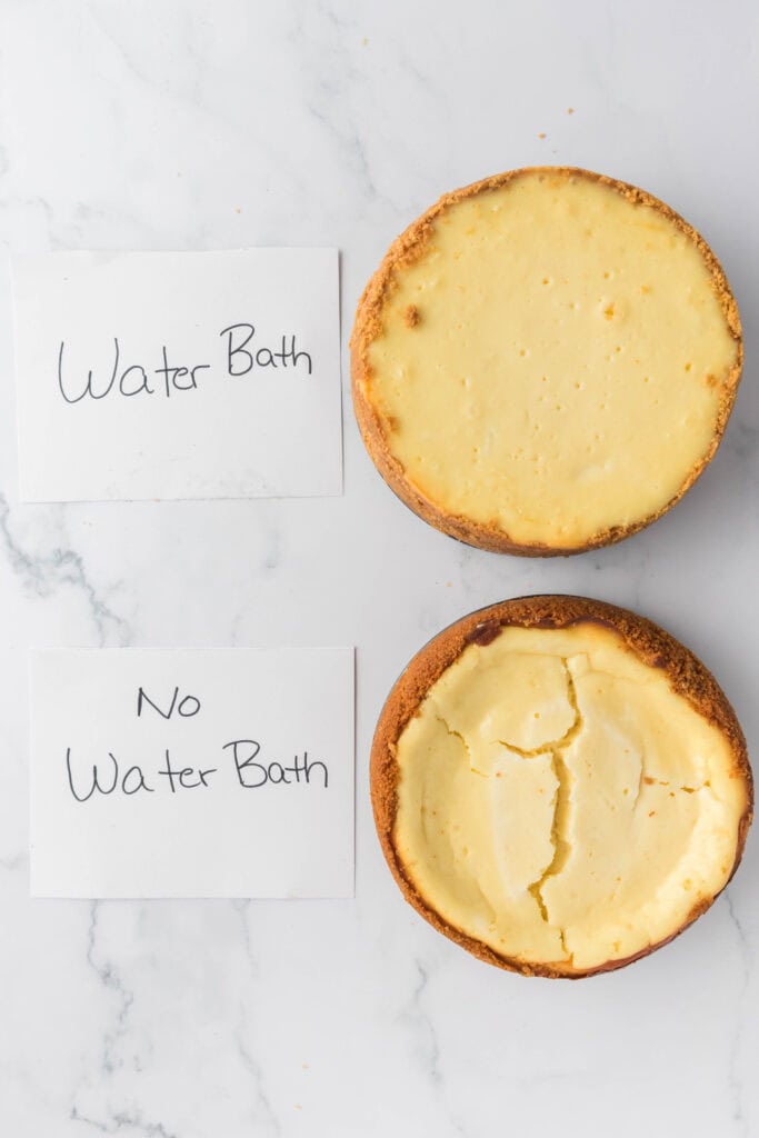 two cheesecakes, one baked with a water bath and one without